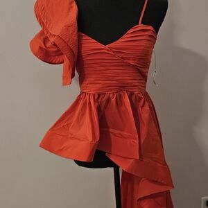 Red Asymmetric Ruffle Peplum Top